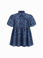Cotton-blend Mandarin Collar Floral Tie Front Puff Sleeve Blouse
