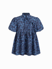 Cotton-blend Mandarin Collar Floral Tie Front Puff Sleeve Blouse