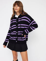 Knit Wool-blend Hooded Heart Button Striped Drawstring Oversized Cardigan