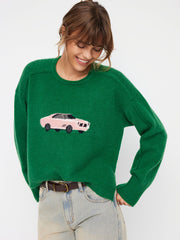 Knit Car Pattern Round Neck Side Split Sweater