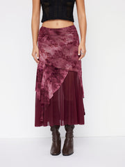Mesh Mid Rise Floral Tie Dye Asymmetrical Hem Tulle Maxi Skirt