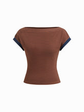 Boat Neck Stripe Contrasting Binding Short Sleeve Tee