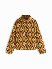 Fleece Stand Collar Geometric Zip Through Oversized Jacket