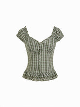 Sweetheart Tartan Ruched Lettuce Trim Layered Blouse