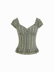Sweetheart Tartan Ruched Lettuce Trim Layered Blouse