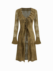 Knit Wool-blend V-neck Beaded Tie Front Ripped Split Ruffle Hem Midi Dress