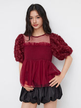 Mesh Shirred Ruffle Hem Rose Short Sleeve Babydoll Blouse
