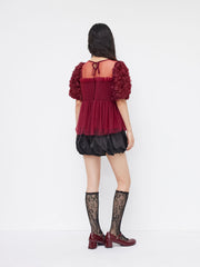 Mesh Shirred Ruffle Hem Rose Short Sleeve Babydoll Blouse