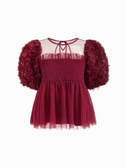Mesh Shirred Ruffle Hem Rose Short Sleeve Babydoll Blouse