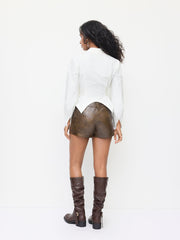 100% Cotton Collar Long Sleeve Lace Up Cinched Waist Blouse