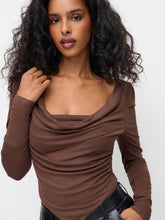 Cowl Neck Ruched Hanky Hem Long Sleeve Jersey Top