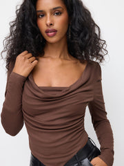 Cowl Neck Ruched Hanky Hem Long Sleeve Jersey Top