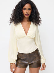 Satin V-neck Tie Back Long Sleeve Blouse