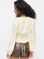 Satin V-neck Tie Back Long Sleeve Blouse