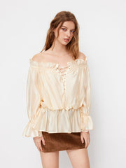 Off-shoulder Drawstring Lace Up Ruffle Hem Bell Sleeve Blouse