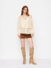 Off-shoulder Drawstring Lace Up Ruffle Hem Bell Sleeve Blouse