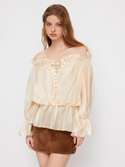 Off-shoulder Drawstring Lace Up Ruffle Hem Bell Sleeve Blouse