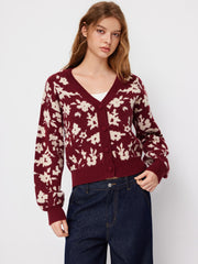 Knit Floral V-neck Long Sleeve Button Cardigan