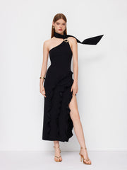 Halter Neckline Ruffle Hem Metal Detail Split Maxi Dress With Scarf