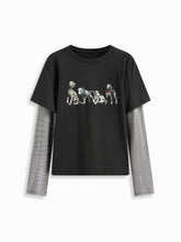 Dog Graphic Striped Long Sleeve Two Tone Oversized Tee