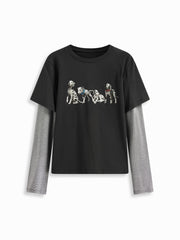 Dog Graphic Striped Long Sleeve Two Tone Oversized Tee