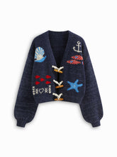 Knit Wool-blend V-neck Sea Animal Toggle Button Oversized Cardigan
