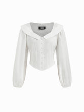 Cotton-blend Collar Solid Button Long Sleeve Blouse