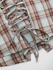 Plaid Collar V-neck Long Sleeve Ruched Lace Up Tie Back Blouse Curve & Plus