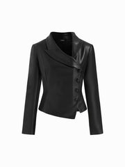 Faux Leather Collar Asymmetrical Button Jacket
