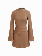 Check High Neck Bell Sleeve Ruched Mini Dress