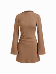 Check High Neck Bell Sleeve Ruched Mini Dress