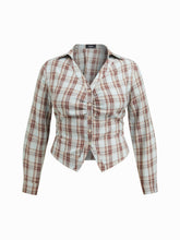 Plaid Collar V-neck Long Sleeve Ruched Lace Up Tie Back Blouse Curve & Plus