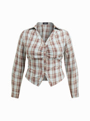 Plaid Collar V-neck Long Sleeve Ruched Lace Up Tie Back Blouse Curve & Plus
