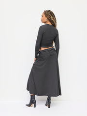 Round Neckline Drawstring Top & Low Rise Ruched Maxi Skirt Set