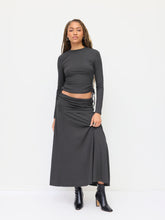 Round Neckline Drawstring Top & Low Rise Ruched Maxi Skirt Set