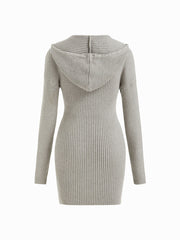 Knit Hooded Long Sleeve Drawstring Mini Dress
