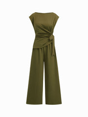 Boat Neck Stripe Ruched Knotted Straight Leg Jumpsuit