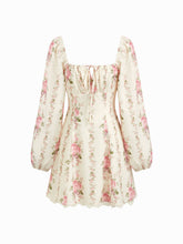 Floral Square Neck Lantern Long Sleeve Contrasting Lace Knotted Mini Dress