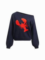 Knit Lobster Pattern Asymmetrical Neck Long Sleeve Top