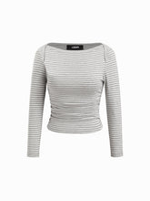 Striped Boat Neck Long Sleeve Ruched Tee