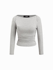 Striped Boat Neck Long Sleeve Ruched Tee