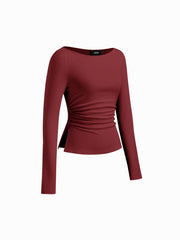 Cotton-blend Boat Neck Ruched Side Split Tee