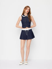 Denim Mid Rise Two Tone Bowknot Pleated Mini Skirt