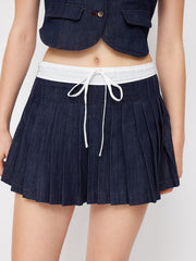 Denim Mid Rise Two Tone Bowknot Pleated Mini Skirt