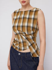 Plaid Boat Neck Asymmetrical Hem Blouse