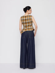 Plaid Boat Neck Asymmetrical Hem Blouse