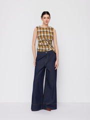 Plaid Boat Neck Asymmetrical Hem Blouse