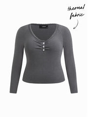Thermal Cotton-blend V-neck Long Sleeve Lace Trim Ruched Tee Curve & Plus