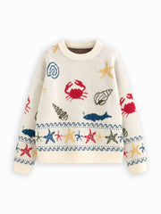 Knit Round Neckline Sea Animal Graphic Oversized Long Sleeve Top