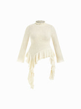 Lace Texture High Neck Pointelle Asymmetrical Ruffle Hem Top Curve & Plus